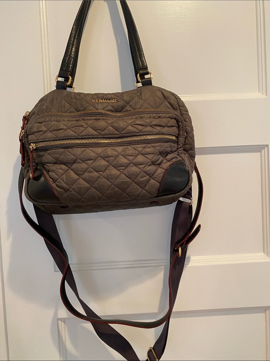 MZ Wallace Handbags - MZ Wallace Quilted Taupe Shoulder Bag with Black Handles and Brown Trim